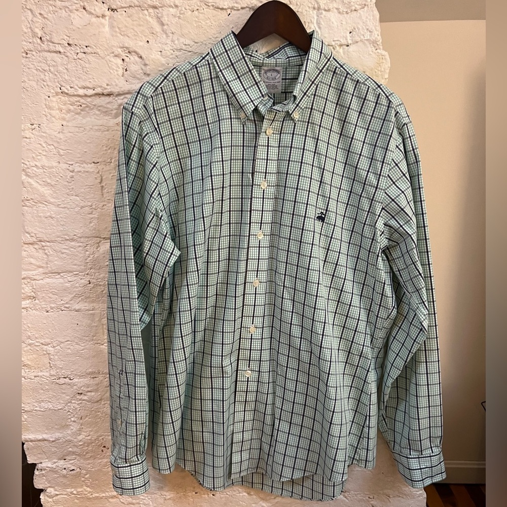 Brooks Brothers Green and Navy Checked Button Down Dress Shirt